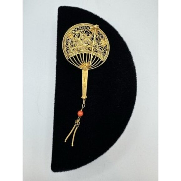 Vintage Sterling Silver Chinese Coral Enamel Filigree Dragon Pin Brooch - Picture 2 of 8